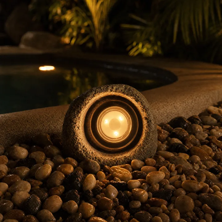 Pedra LED Western iluminada à noite na borda da piscina, ambiente tropical.