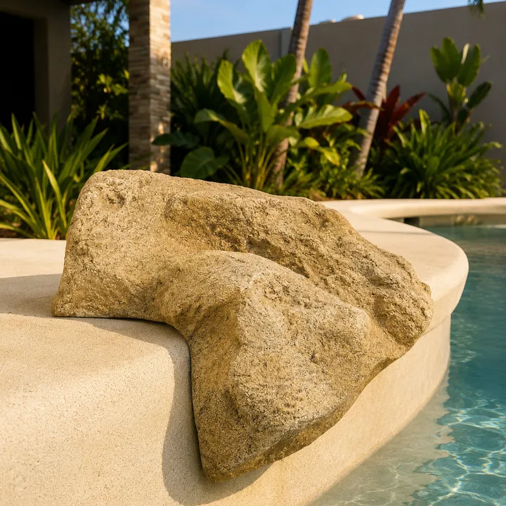 Pedra de borda Western aplicada na curva da piscina em área externa.