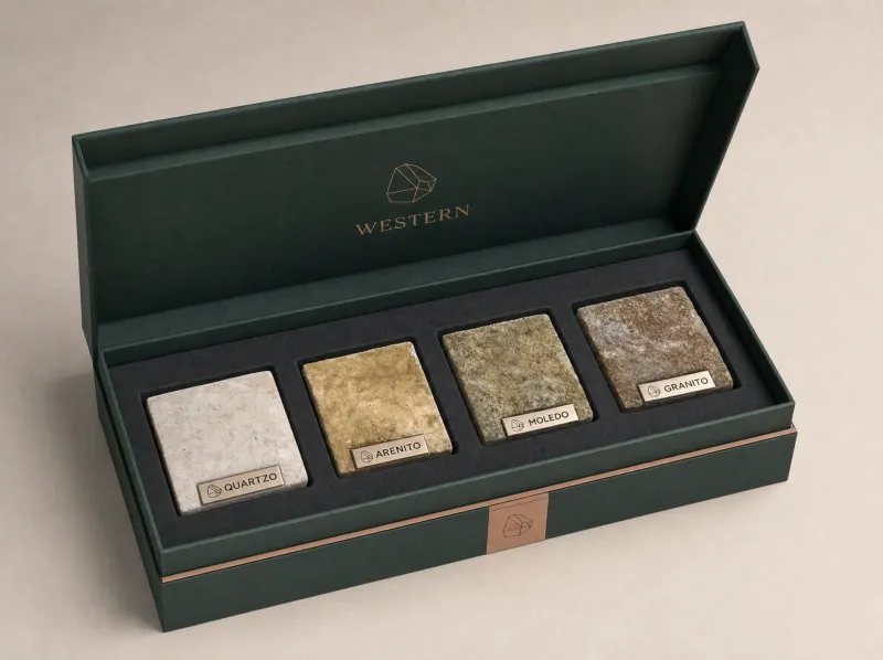 Western Box aberta, com as quatro amostras e o catálogo
