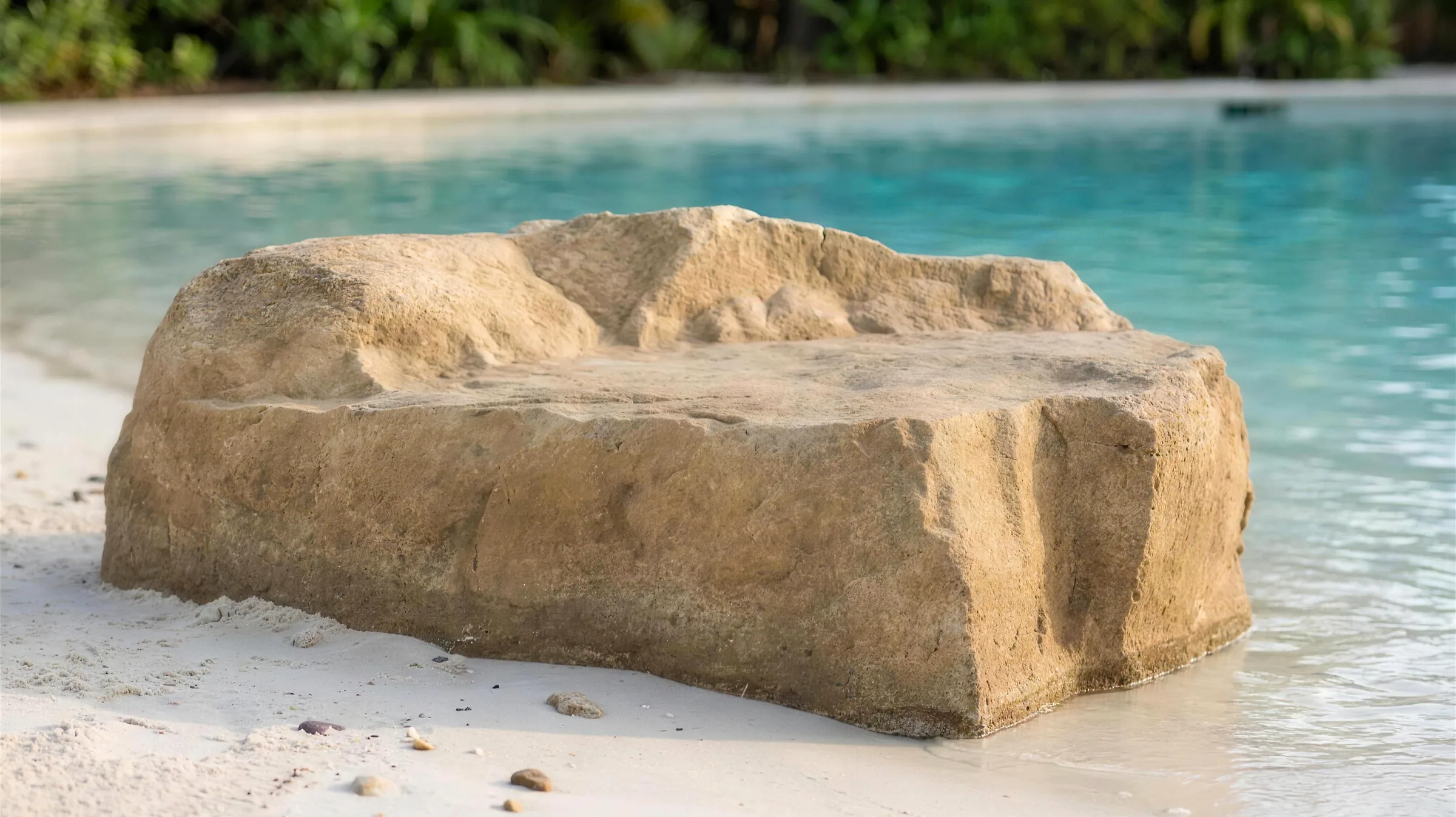 Pedra Western na beira de uma prainha de piscina, sobre areia clara, com a água ao fundo.
