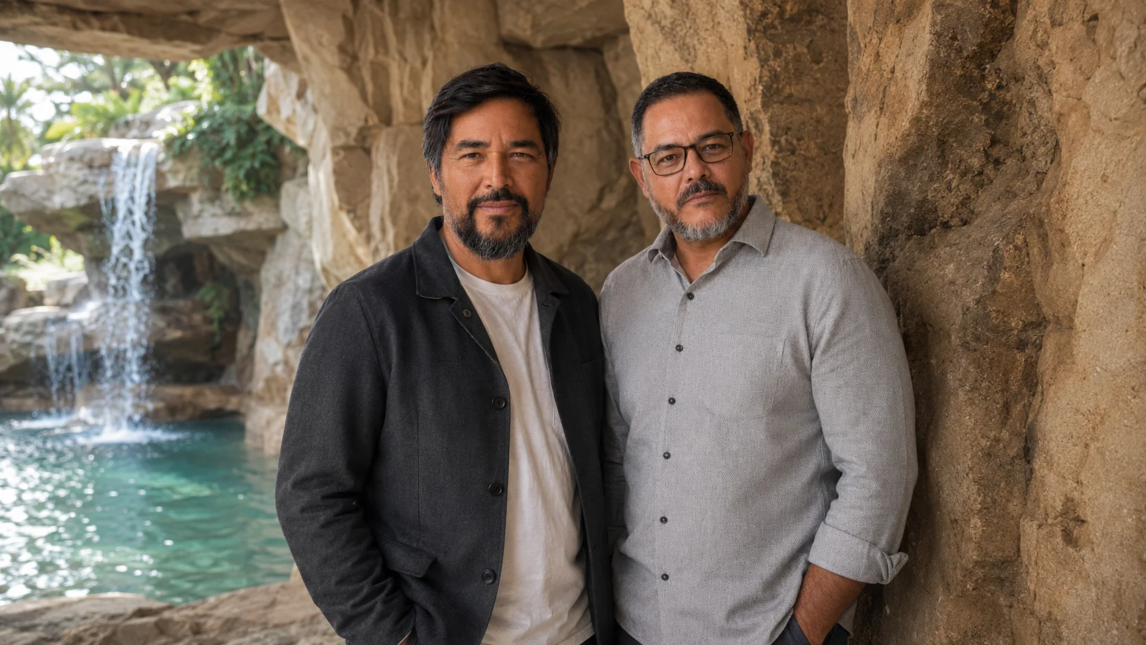 Ricardo e Luiz Carlos Botelho entre formações de pedra Western, com cascata ao fundo
